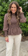 Load image into Gallery viewer, Instock large Polka Dot Ruffled High Neck Shirred Ruffle Hem Blouse