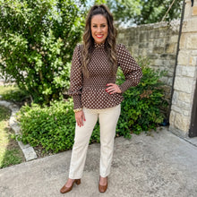 Load image into Gallery viewer, Instock large Polka Dot Ruffled High Neck Shirred Ruffle Hem Blouse