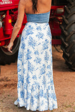 Load image into Gallery viewer, Blue Boho Floral High Waist Ruffle Split Maxi Skirt