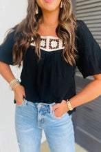 Load image into Gallery viewer, Flower Crochet Square Neck Textured Short Sleeve Blouse