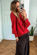 Load image into Gallery viewer, Red Frilled Trim Button Up Pleated Long Sleeve Shirt