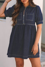Load image into Gallery viewer, Zipped up Bodice Collared Short Puff Sleeve Denim Dress