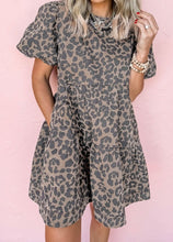 Load image into Gallery viewer, Denim Leopard Printed Short Puff Sleeve Mini Dress