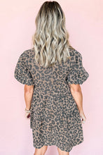 Load image into Gallery viewer, Denim Leopard Printed Short Puff Sleeve Mini Dress