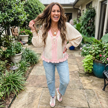 Load image into Gallery viewer, Floral Print Color Block Trim Lace-up V Neck Long Sleeve Blouse