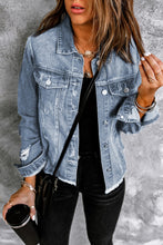 Load image into Gallery viewer, INSTOCK SMALL Distressed Raw Hem Button up Denim jacket