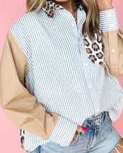 Load image into Gallery viewer, Stripe Colorblock Leopard Patchwork Chest Pocket Cuffed Sleeve Shirt