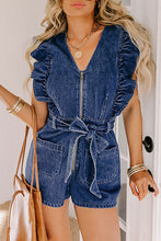 Load image into Gallery viewer, Denim Ruffled Zipped Front Belted Romper