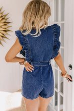 Load image into Gallery viewer, Denim Ruffled Zipped Front Belted Romper