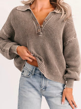 Load image into Gallery viewer, Mineral Washed Knit Button Polo Collar Loose Sweater