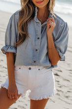 Load image into Gallery viewer, Ruffle Short Puff Sleeve Chambray Demin Shirt