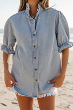 Load image into Gallery viewer, Ruffle Short Puff Sleeve Chambray Demin Shirt