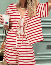 Load image into Gallery viewer, Stripe Tie Front Top and High Waist Shorts Set