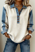 Load image into Gallery viewer, Denim Patchwork Buttoned Polo Collar Long Sleeve Top
