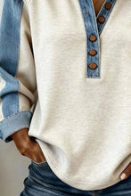 Load image into Gallery viewer, Denim Patchwork Buttoned Polo Collar Long Sleeve Top