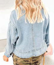 Load image into Gallery viewer, Draw-cord Hem Light Wash Denim Jacket