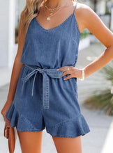 Load image into Gallery viewer, Belted Ruffled Leg Chambray Romper