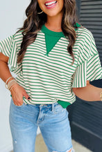 Load image into Gallery viewer, Contrast Detail Striped Ruffle Short Sleeve Top