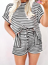 Load image into Gallery viewer, Stripe Knit Short Sleeve Top and Drawstring Shorts Set