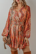 Load image into Gallery viewer, Boho Paisley Print Long Sleeve Pleated Belted Mini Dress