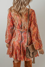 Load image into Gallery viewer, Boho Paisley Print Long Sleeve Pleated Belted Mini Dress