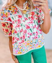 Load image into Gallery viewer, Floral Print Striped Detail Split Neck Short Sleeve Blouse