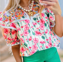 Load image into Gallery viewer, Floral Print Striped Detail Split Neck Short Sleeve Blouse