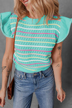 Load image into Gallery viewer, Colorful Striped Eyelet Knit Ruffled Sleeve Sweater