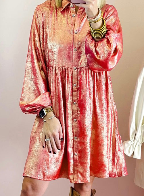 Metallic Sheen Puff Sleeve Button Up Mini Shirt Dress  Lovebug Boutique