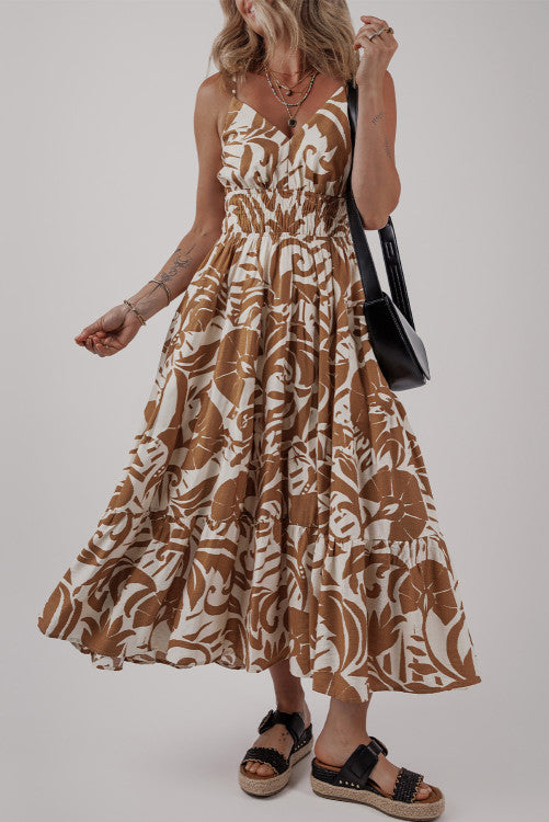 Khaki Floral Shirred High Waist Spaghetti Straps Maxi Dress – Lovebug  Boutique