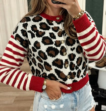 Load image into Gallery viewer, Leopard Print Striped Sleeves Round Neck Button Cropped Cardigan