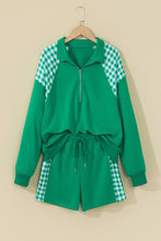 Load image into Gallery viewer, Plaid Patchwork Half Zip Pullover Drawstring Short Set