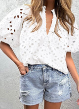 Load image into Gallery viewer, Embroidered Hollow-out Puff Sleeve Blouse