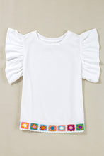 Load image into Gallery viewer, Crochet Patched Ruffled Sleeve Crewneck Blouse