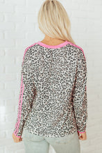 Load image into Gallery viewer, Leopard Print Contrast V Neck Varsity Stripe Detail Long Sleeve Top