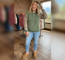 Load image into Gallery viewer, Plaid Sleeve Drawstring Pocket Hooded Sweatshirt