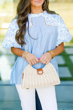 Load image into Gallery viewer, Blue Lace Insert Floral Puff Sleeve Patchwork Loose Blouse