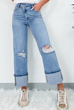 Load image into Gallery viewer, High Rise Asymmetric Button Zip Fly Ripped Jeans