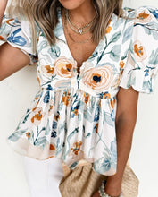Load image into Gallery viewer, Floral Print Puff Sleeve V Neck Babydoll Blouse