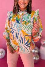 Load image into Gallery viewer, Abstract Smocked Ruffled Lantern Sleeve High Neck Shirt