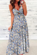 Load image into Gallery viewer, Blue Paisley Print Twist Detail Smocked Back Spaghetti Straps Long Dress