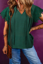 Load image into Gallery viewer, Eyelet Embroidered Sleeve Tie V Neck Blouse