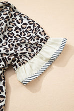 Load image into Gallery viewer, Leopard Print Striped Ruffled Color Block Trim V Neck Short Sleeve Blouse