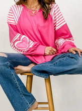 Load image into Gallery viewer, Pink Heart Shape Striped Patchwork Long Sleeve Loose Top