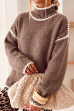 Load image into Gallery viewer, Khaki Contrast Trim Mock Neck Drop Shoulder Relaxed Sweater