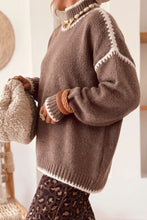 Load image into Gallery viewer, Khaki Contrast Trim Mock Neck Drop Shoulder Relaxed Sweater