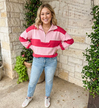 Load image into Gallery viewer, Strawberry Pink Casual Striped Color Block Zip Collar Pullover Sweater