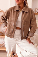 Load image into Gallery viewer, Studded Metal Zipper Rivet Pockets Long Sleeve Denim Jacket