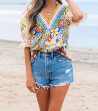 Load image into Gallery viewer, V Neck Half Sleeve Boho Floral Blouse