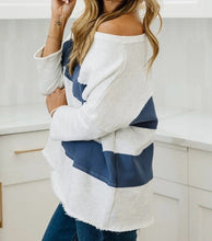 Load image into Gallery viewer, Sail Blue Colorblock Striped Patchwork Raw Seamed Sweatshirt
